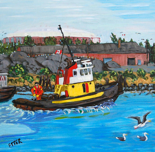 Yellow Tug and Seagulls